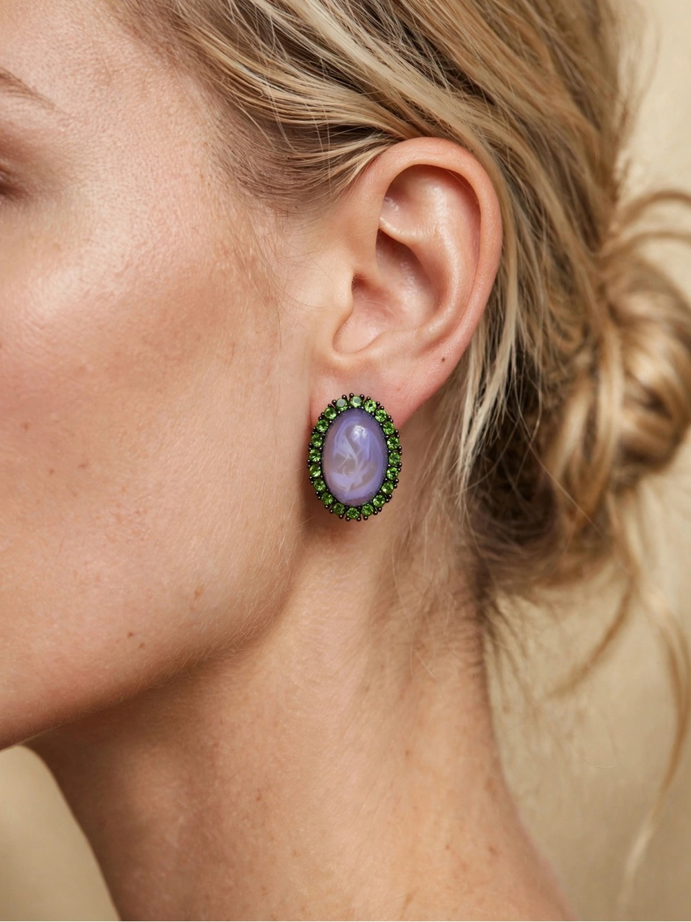 New Amimi Lavender Oval Cabochon Stud Earrings Green Rhinestone Halo S925 E150